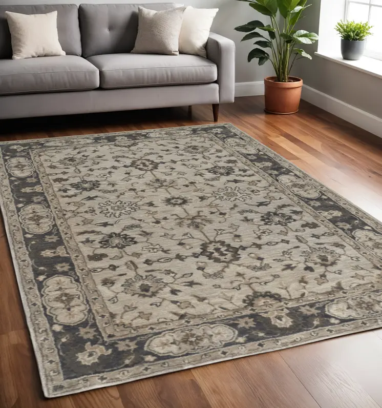 5' X 8' Gray and Ivory Wool Floral Hand Tufted Area Rug