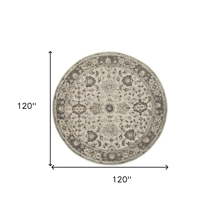 10' Gray Ivory And Taupe Round Wool Floral Tufted Handmade Stain Resistant Area Rug