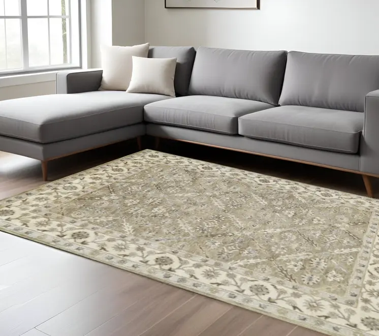 8' X 11' Green Brown And Taupe Wool Paisley Tufted Handmade Stain Resistant Area Rug