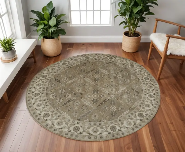 8' Green Brown And Taupe Round Wool Paisley Tufted Handmade Stain Resistant Area Rug