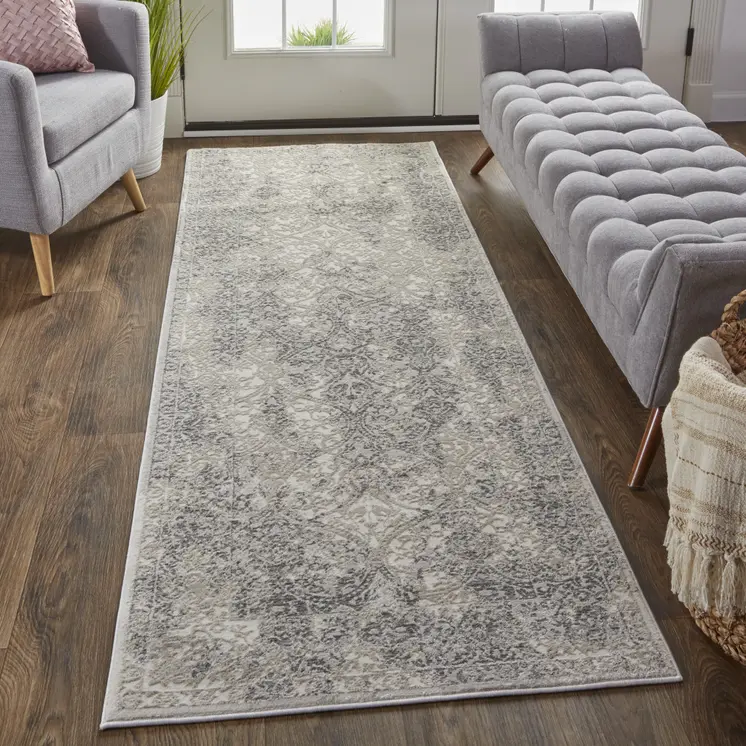 8' Ivory Gray And Black Abstract Stain Resistant Runner Rug