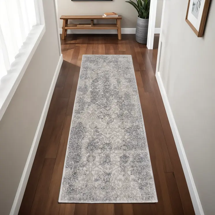 8' Ivory Gray And Black Abstract Stain Resistant Runner Rug