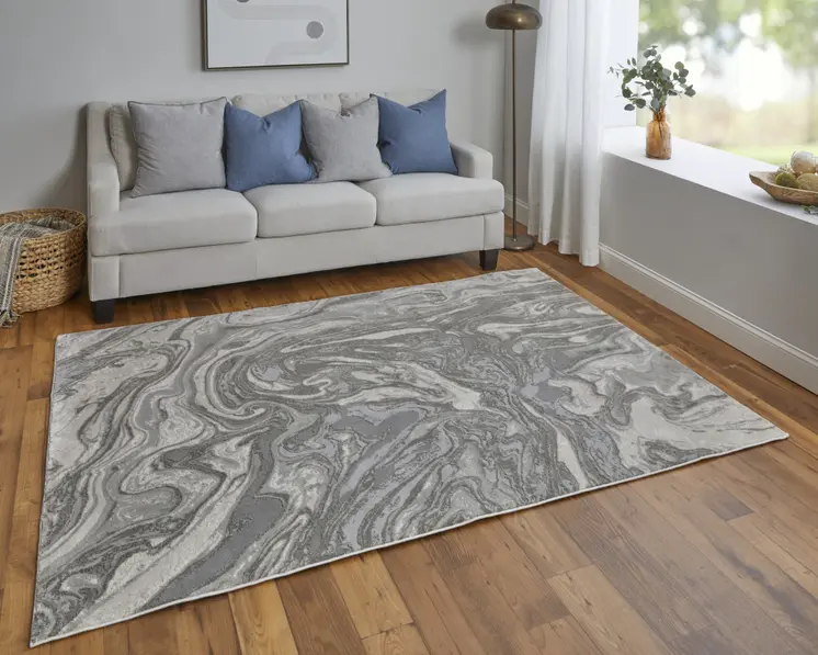 10' X 13' Gray Ivory And Silver Abstract Stain Resistant Area Rug