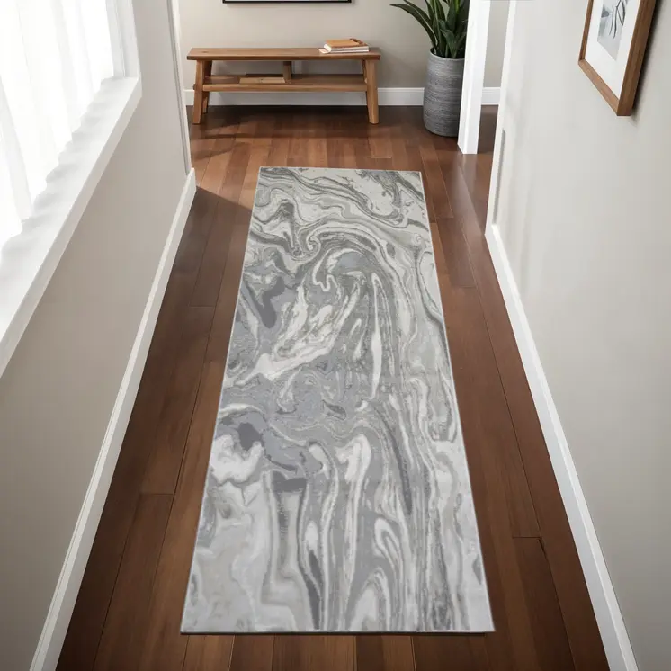 8' Gray Ivory and Silver Abstract Power Loom Distressed Runner Rug