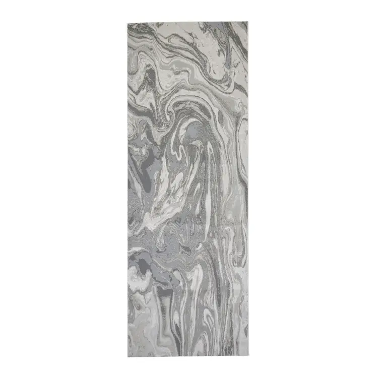 8' Gray Ivory and Silver Abstract Power Loom Distressed Runner Rug