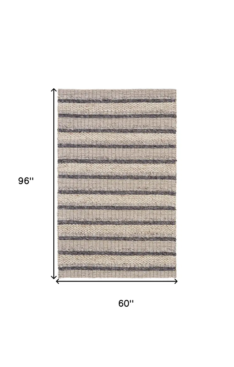 5' X 8' Gray and Ivory Wool Hand Woven Area Rug