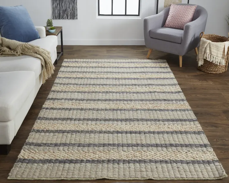 8' X 11' Gray and Ivory Wool Striped Hand Woven Area Rug