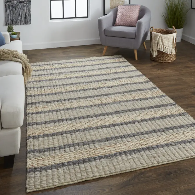 8' X 11' Gray and Ivory Wool Striped Hand Woven Area Rug