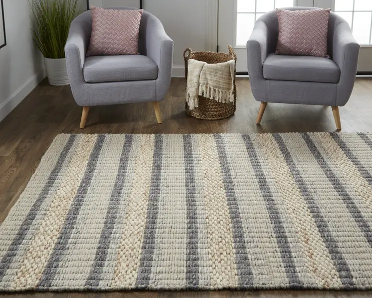 8' X 11' Gray and Ivory Wool Striped Hand Woven Area Rug