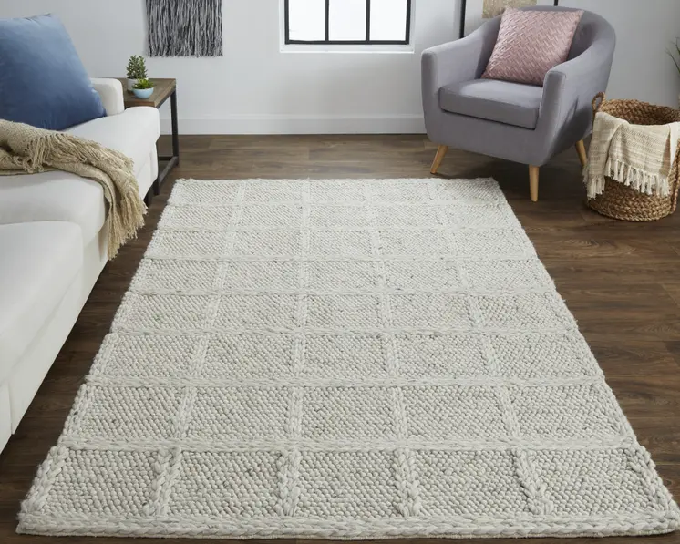 8' X 11' Gray and Ivory Wool Plaid Hand Woven Area Rug
