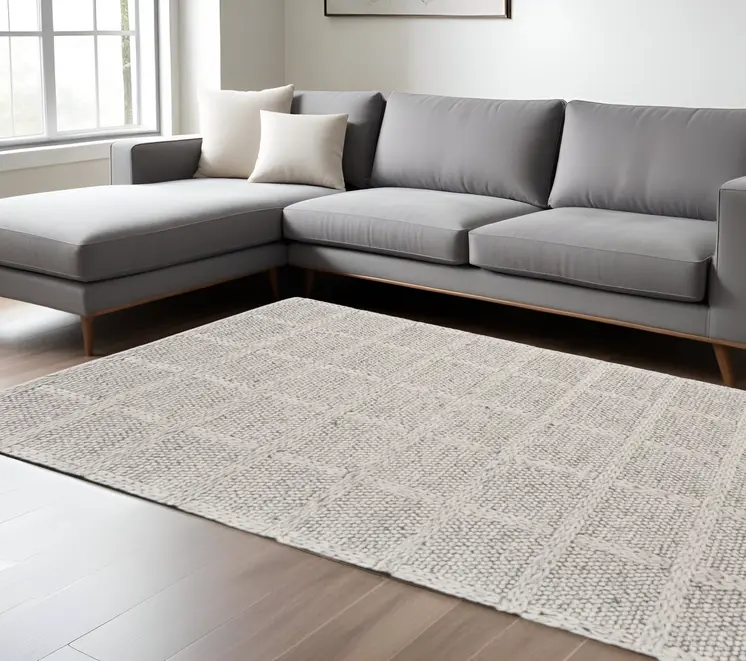 10' X 13' Gray and Ivory Wool Plaid Hand Woven Area Rug