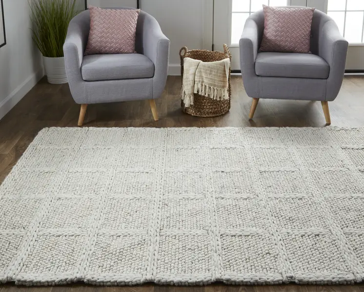 10' X 13' Gray and Ivory Wool Plaid Hand Woven Area Rug