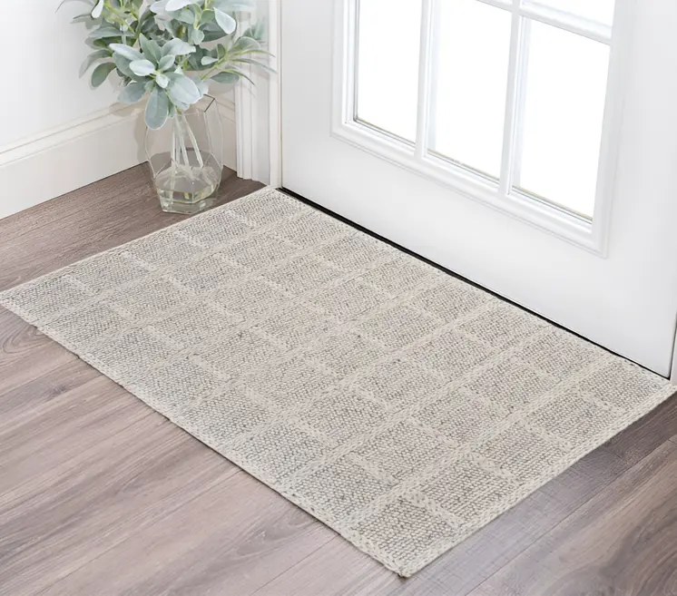2' X 3' Gray and Ivory Wool Plaid Hand Woven Area Rug