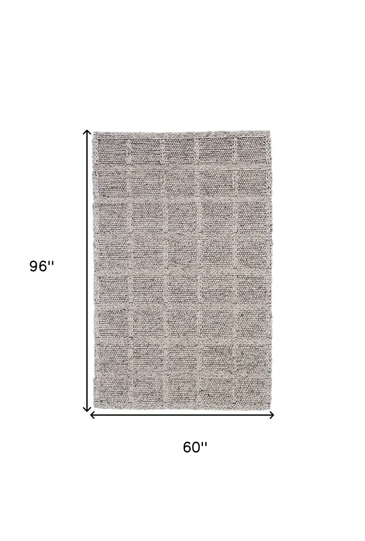5' X 8' Gray and Ivory Wool Plaid Hand Woven Area Rug