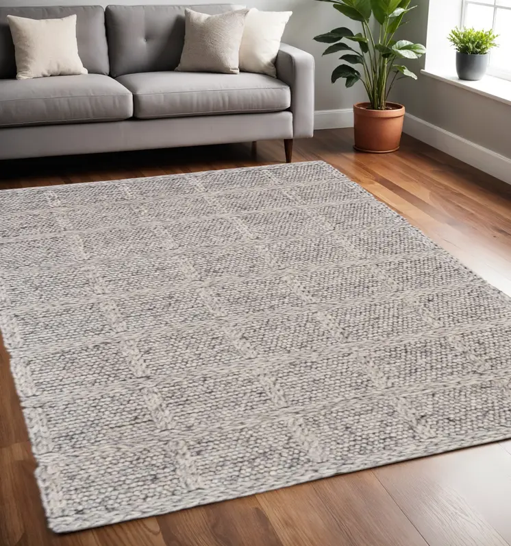 5' X 8' Gray and Ivory Wool Plaid Hand Woven Area Rug