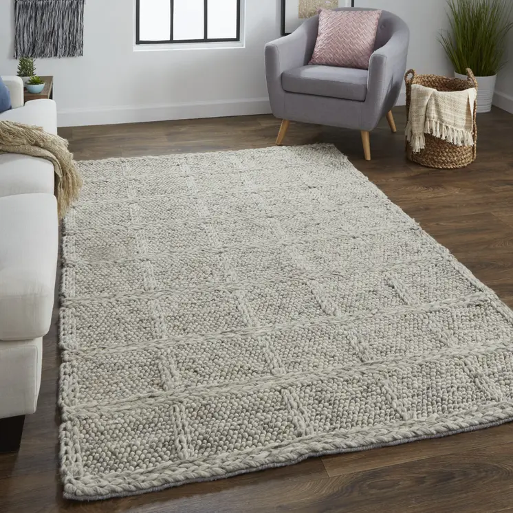 5' X 8' Gray and Ivory Wool Plaid Hand Woven Area Rug