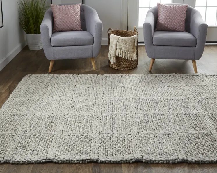 5' X 8' Gray and Ivory Wool Plaid Hand Woven Area Rug