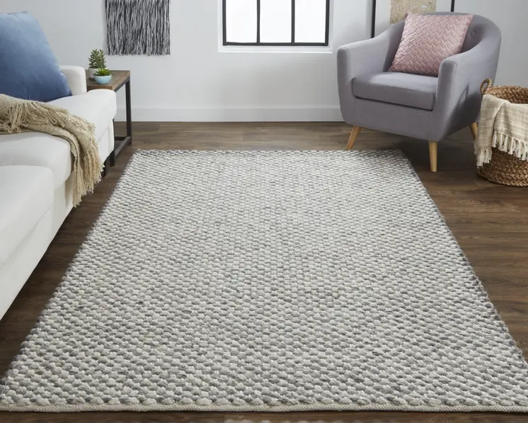 10' X 13' Gray and Ivory Wool Floral Hand Woven Area Rug