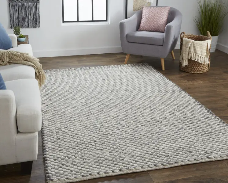 10' X 13' Gray and Ivory Wool Floral Hand Woven Area Rug