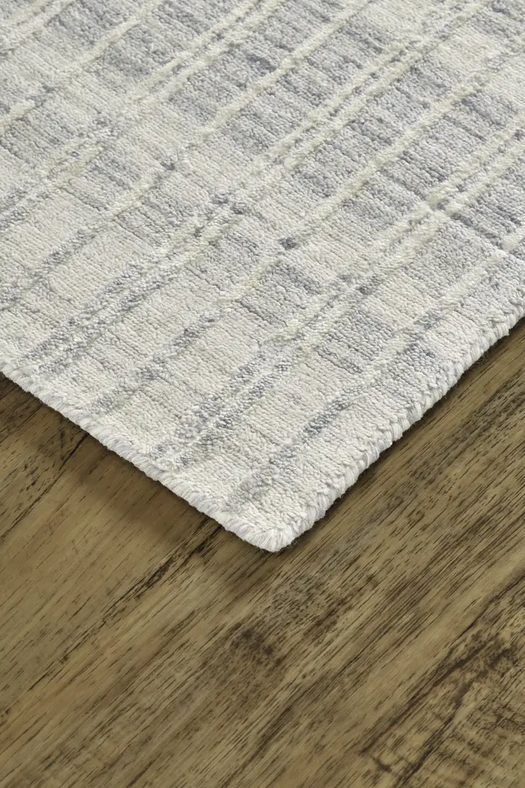 7' X 9' Ivory And Blue Striped Hand Woven Area Rug