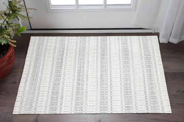 2' X 3' Ivory And Blue Striped Hand Woven Area Rug