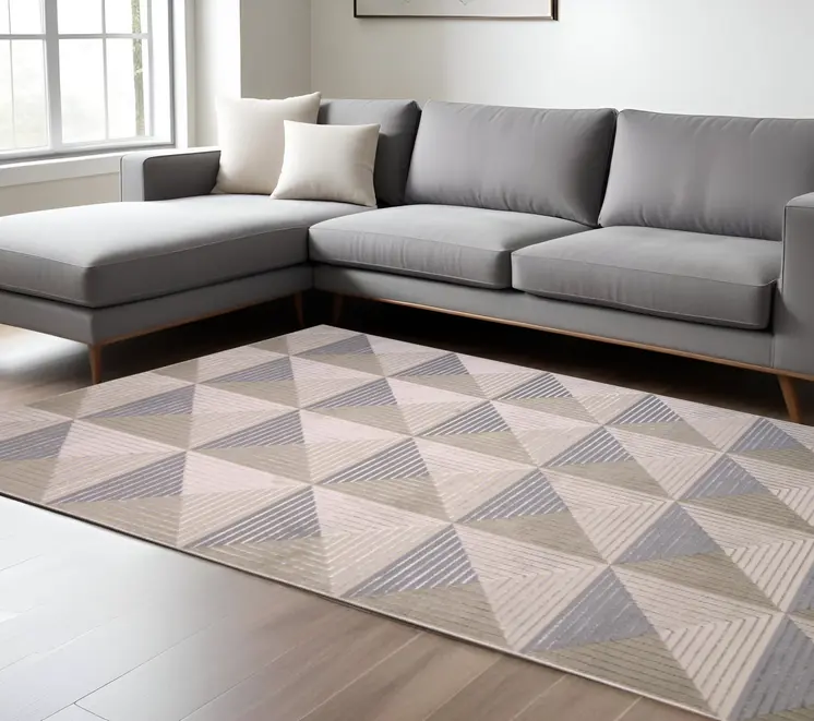 10' X 13' Beige Gray And Ivory Geometric Stain Resistant Area Rug