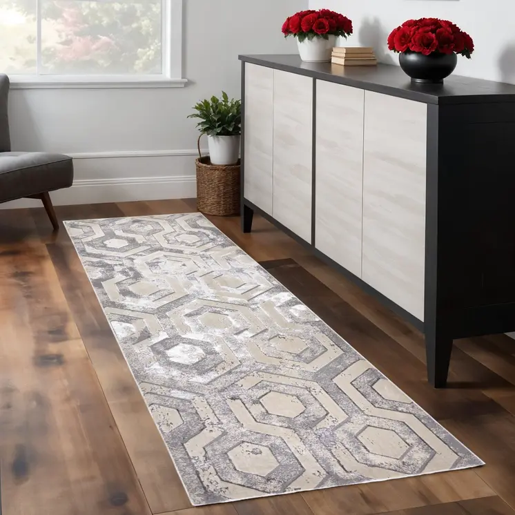 8' Gray Taupe And Silver Abstract Runner Rug