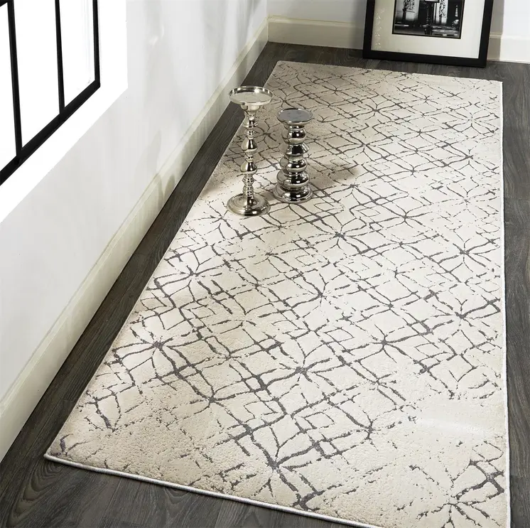 8' Silver Gray And White Abstract Stain Resistant Runner Rug
