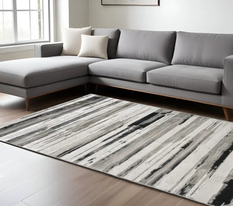 8' X 10' Black and Silver Abstract Non Skid Area Rug