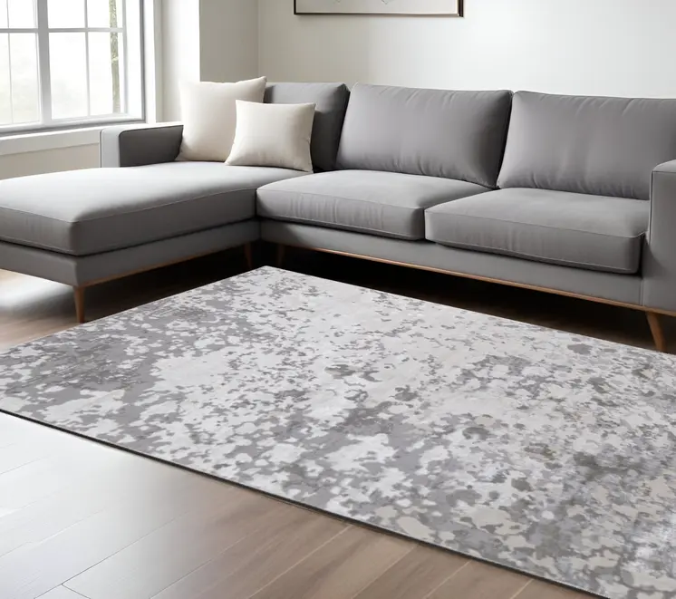 7' X 10' Silver Gray And White Abstract Stain Resistant Area Rug