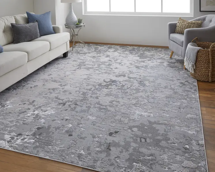 7' X 10' Silver Gray And White Abstract Stain Resistant Area Rug