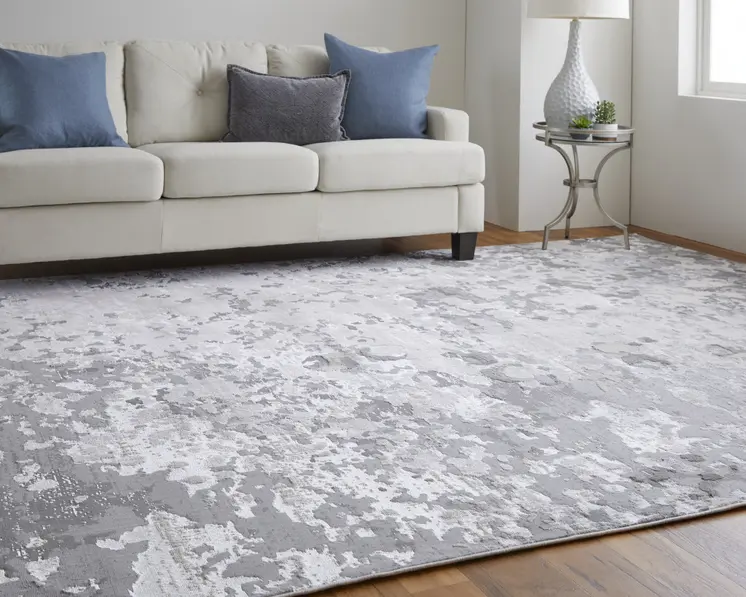 7' X 10' Silver Gray And White Abstract Stain Resistant Area Rug