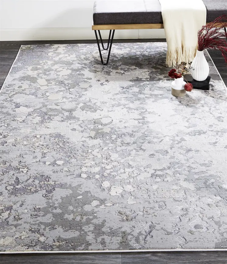 7' X 10' Silver Gray And White Abstract Stain Resistant Area Rug
