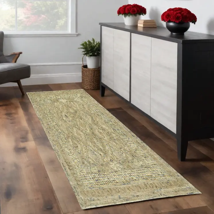 8' Beige Blue And Gray Wool Oriental Hand Tufted Runner Rug