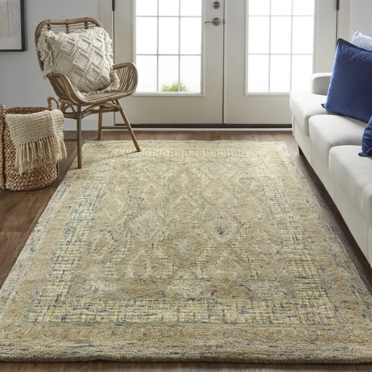 2' X 3' Tan Blue And Gray Wool Floral Tufted Handmade Stain Resistant Area Rug