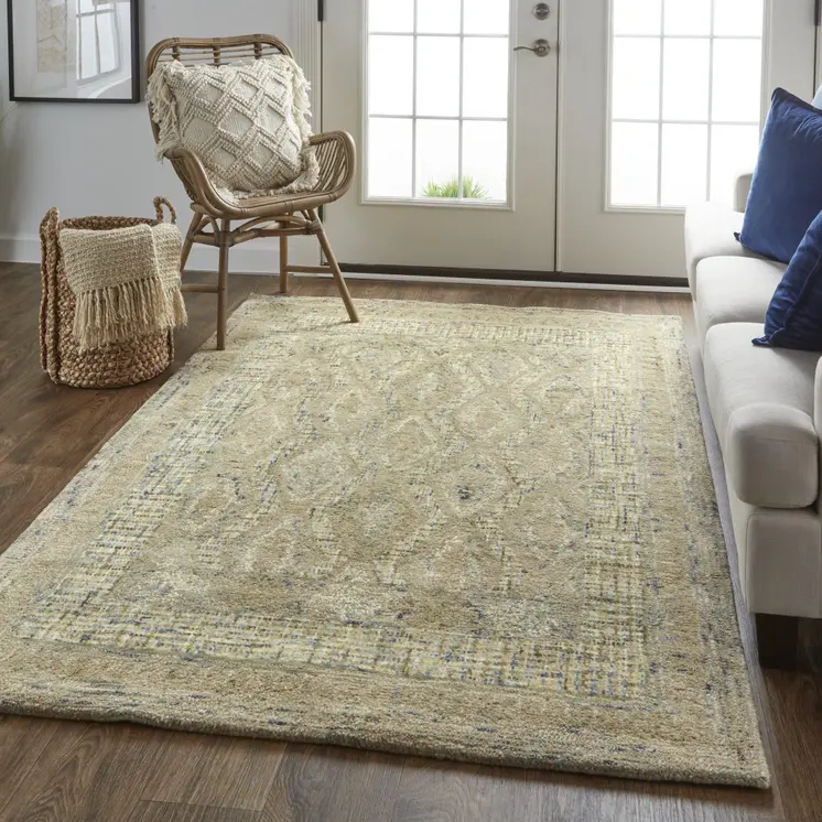 2' X 3' Tan Blue And Gray Wool Floral Tufted Handmade Stain Resistant Area Rug
