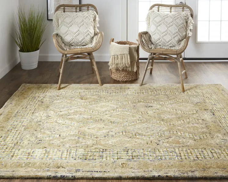2' X 3' Tan Blue And Gray Wool Floral Tufted Handmade Stain Resistant Area Rug