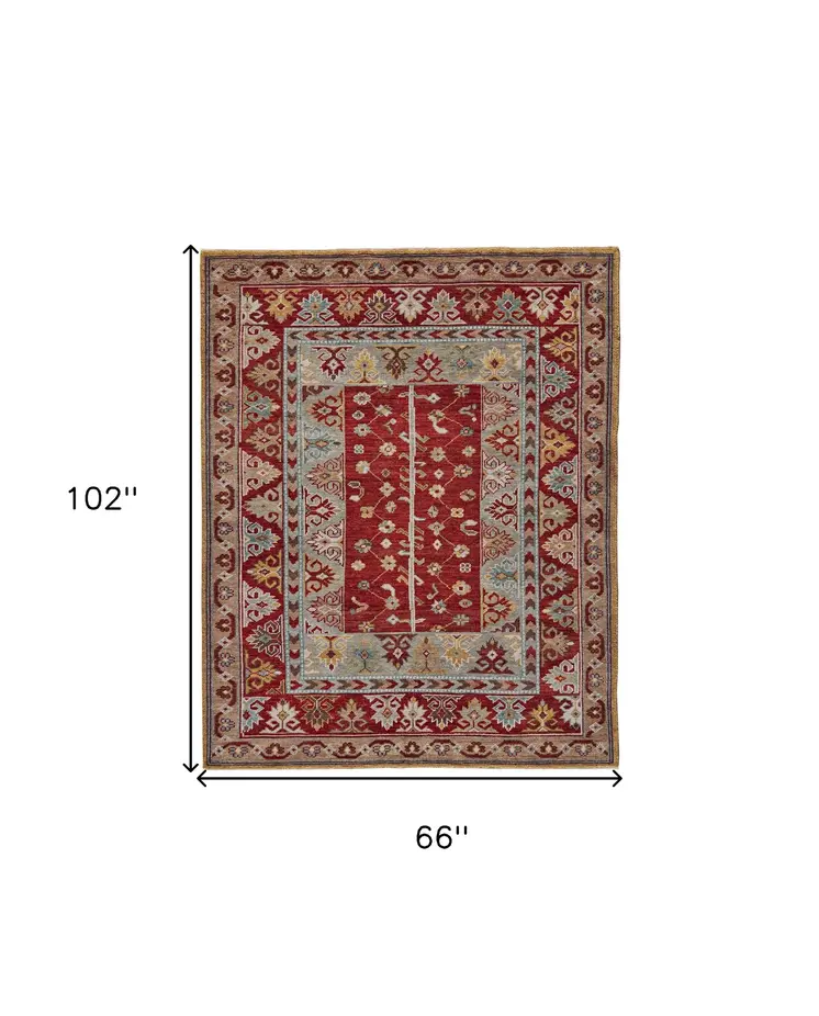5' X 8' Red Blue And Brown Wool Floral Hand Knotted Distressed Stain Resistant Area Rug With Fringe