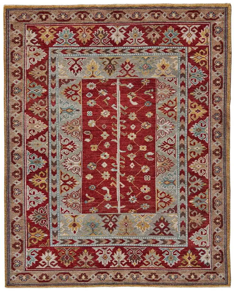 8' X 10' Blue and Red Wool Floral Hand Knotted Distressed Area Rug With Fringe