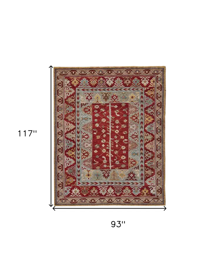 8' X 10' Blue and Red Wool Floral Hand Knotted Distressed Area Rug With Fringe