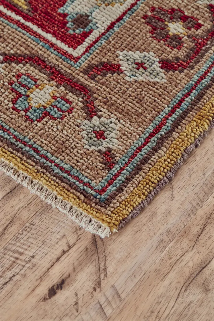 2' X 3' Red Blue And Brown Wool Floral Hand Knotted Distressed Stain Resistant Area Rug With Fringe
