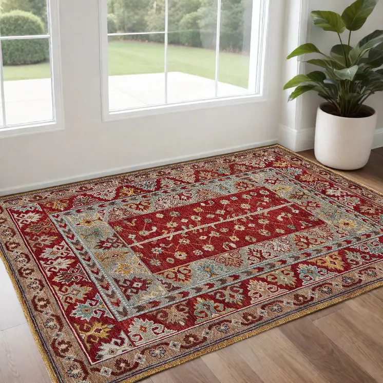2' X 3' Red Blue And Brown Wool Floral Hand Knotted Distressed Stain Resistant Area Rug With Fringe