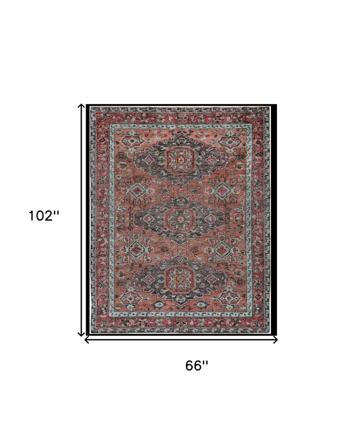 5' X 8' Blue and Red Wool Floral Hand Knotted Distressed Area Rug