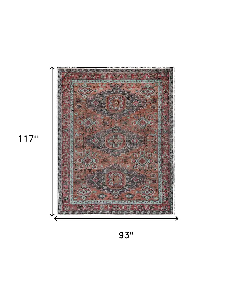 8' X 10' Red Orange Wool Floral Hand Knotted Distressed Area Rug With Fringe
