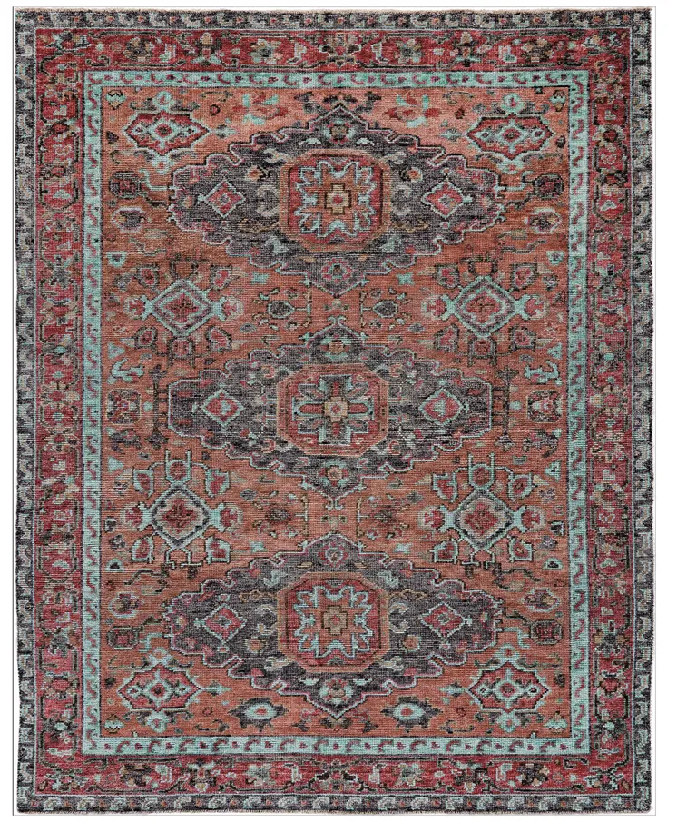 8' X 10' Red Orange Wool Floral Hand Knotted Distressed Area Rug With Fringe
