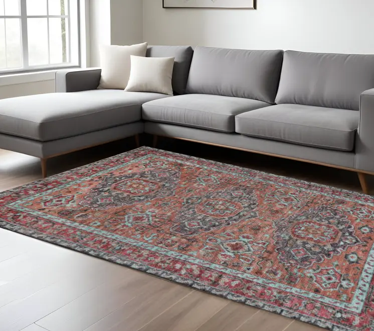8' X 10' Red Orange Wool Floral Hand Knotted Distressed Area Rug With Fringe