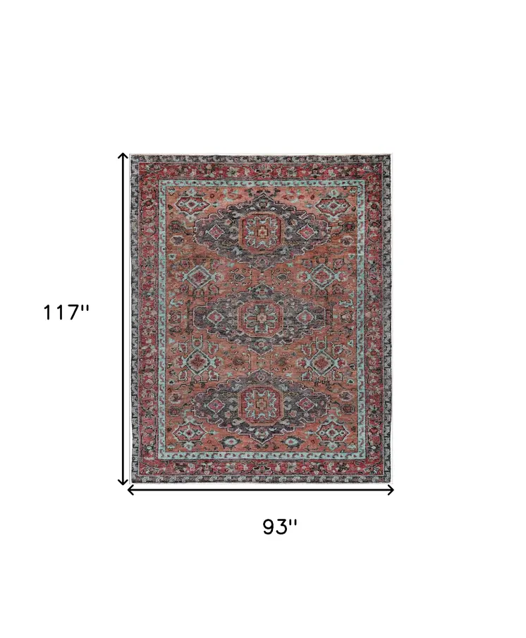 8' X 10' Red Orange Wool Floral Hand Knotted Distressed Area Rug With Fringe