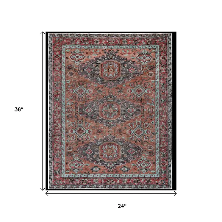 2' X 3' Red Orange And Blue Wool Floral Hand Knotted Distressed Stain Resistant Area Rug With Fringe
