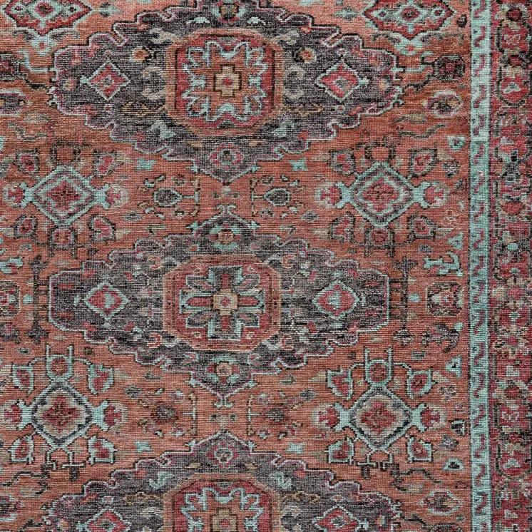 2' X 3' Red Orange And Blue Wool Floral Hand Knotted Distressed Stain Resistant Area Rug With Fringe