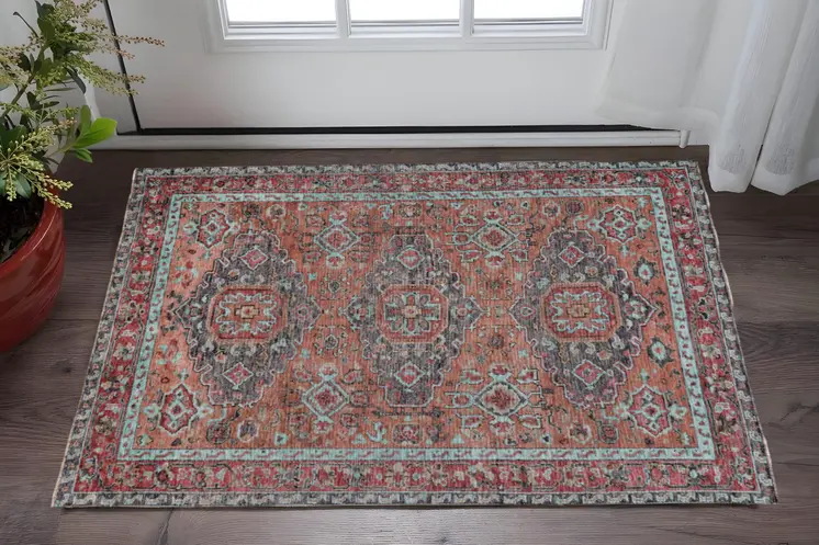 2' X 3' Red Orange And Blue Wool Floral Hand Knotted Distressed Stain Resistant Area Rug With Fringe